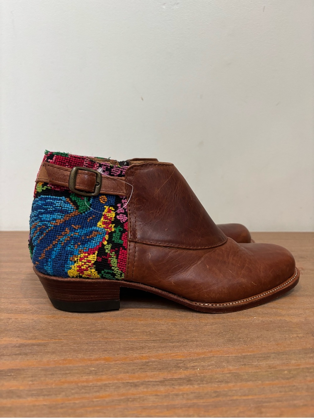 Guatemalan vintage handmade vintage Huiplie needlepoint parrot print ankle boots